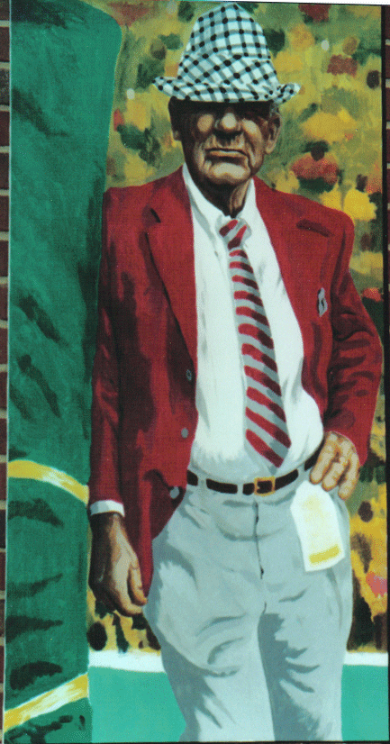 Bear Bryant Leaning on Goalpost by BRENT AMACKER